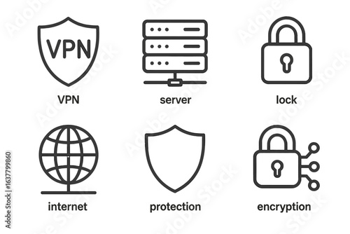 Vpn server lock icons: internet protection and encryption symbols