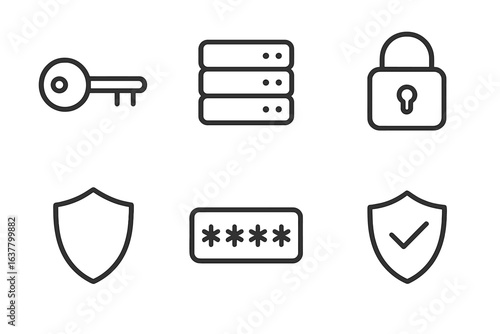 Security and protection icons: key, database, lock, shield, password