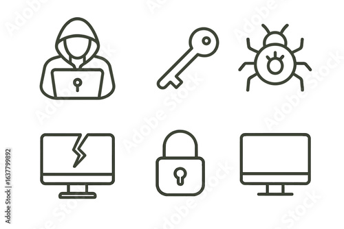 Cybersecurity icons featuring malware, hacker, encryption, and lock symbols