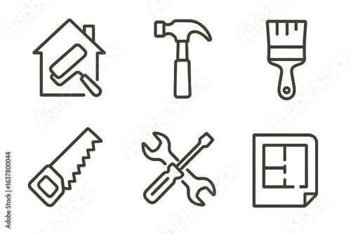 Simple line art of construction tools and symbols for home renovation