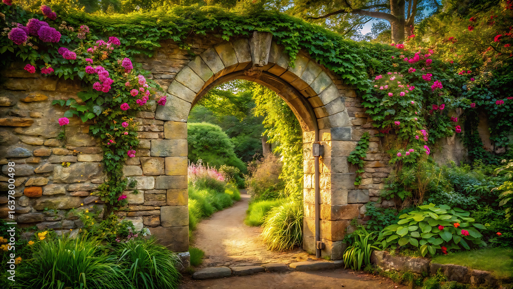 Obraz premium Ancient stone archway leading to secret garden surrounded by greenery