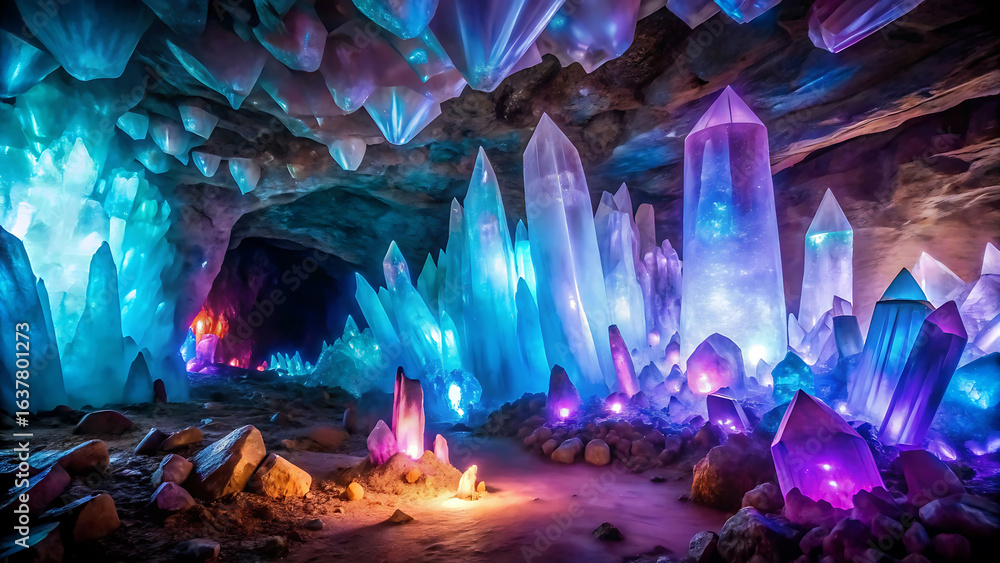 Fototapeta premium Crystal cave glowing with blue and purple minerals in fantasy landscape