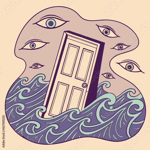 Minimilist doorway to the unknown surrounded by waves and watchful eyes in a surreal illustration style image vector