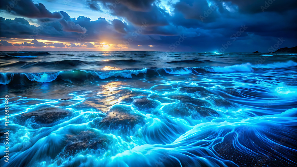 Obraz premium Dark ocean with glowing blue bioluminescent waves at night