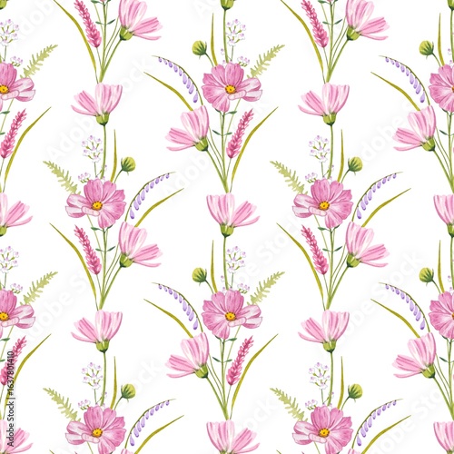 Wallpaper Mural Floral seamless pattern with pink meadow flowers on a white background, watercolor Torontodigital.ca