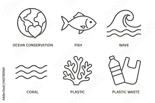Environmental icons: ocean conservation, fish, wave, coral, plastic waste