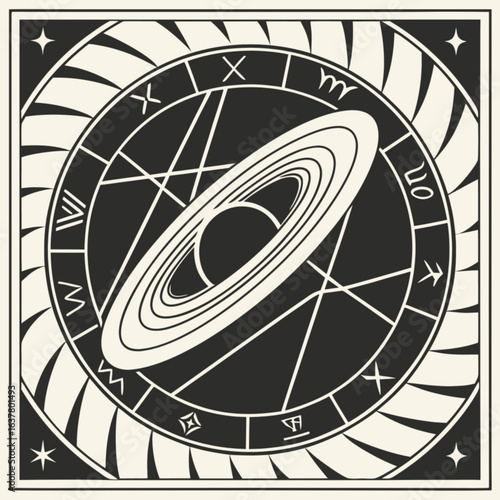 Minimilist illustration of a planet with rings surrounded by astrological symbols in a square frame design vector