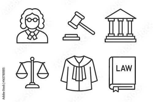 Law and justice icons: judge, gavel, courthouse, scales, robe, law book
