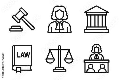 Legal icons set: gavel, judge, courthouse, law book, scales of justice, tribunal