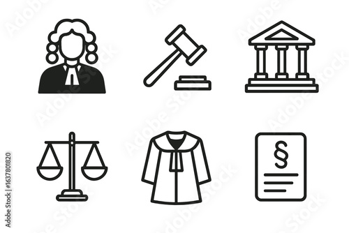 Legal icons: judge, gavel, courthouse, scales, robe, document
