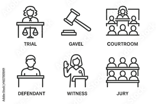 Courtroom icon set featuring judge, gavel, trial, defendant, witness, and jury