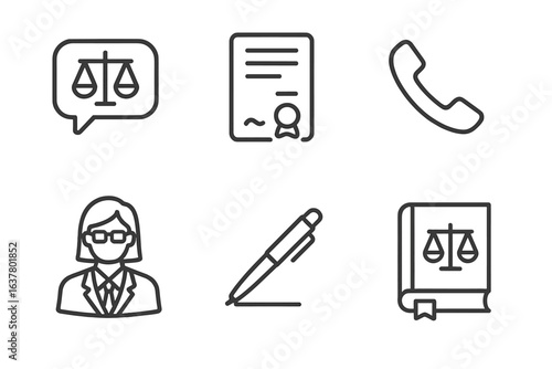 Legal icons set: balance scale, certificate, telephone, woman lawyer, pen, law book