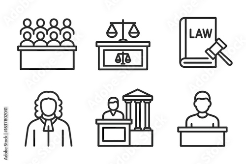 Legal system icons depicting courtroom, scales of justice, law book, judge, jury