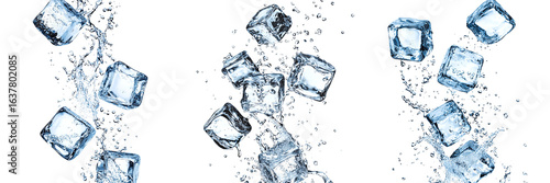 Set of falling pieces of ice in a splash of water isolated on transparent background PNG