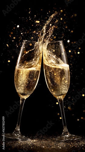 Two champagne flutes clinking with splashing liquid and golden glitter against a dark background scene