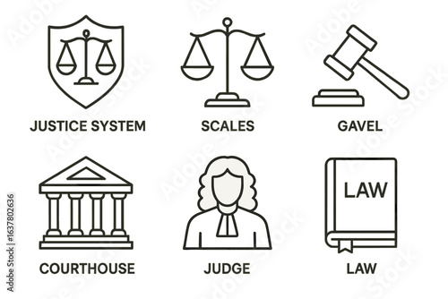Justice icons: scales, gavel, courthouse, judge, and law symbols set