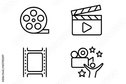 Film and cinema icons: reel, clapperboard, filmstrip, and audience graphics
