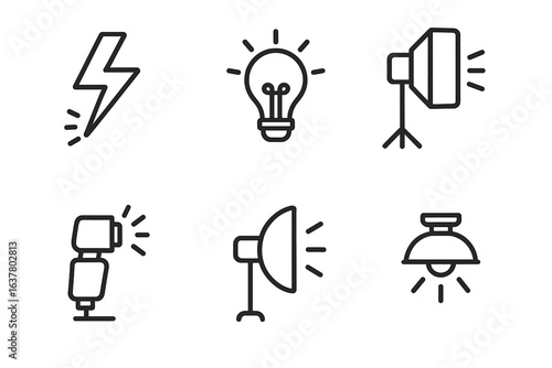Set of black line icons representing various lighting equipment and symbols