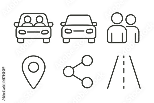 Carpool icons set with vehicles, road, location pin, and network symbols
