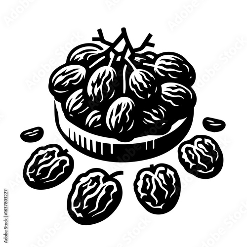 Illustration of a bowl filled with dried raisins and a few raisins scattered around the bowl in black and white