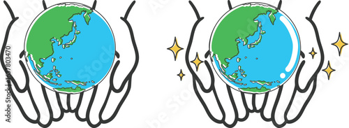両手に地球を乗せたイラスト（日本周辺）　ベクター
