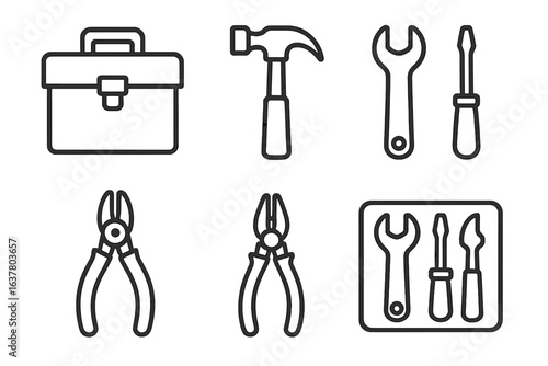 Outline icons of toolbox, hammer, wrench, screwdriver, pliers, and tool kit