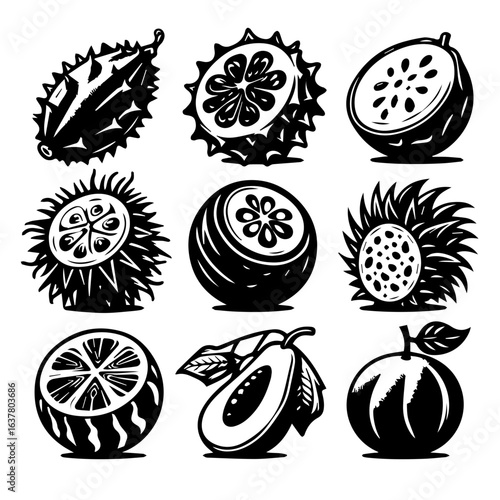 Illustration of several custard apples whole and sliced with leaves in black and white style art