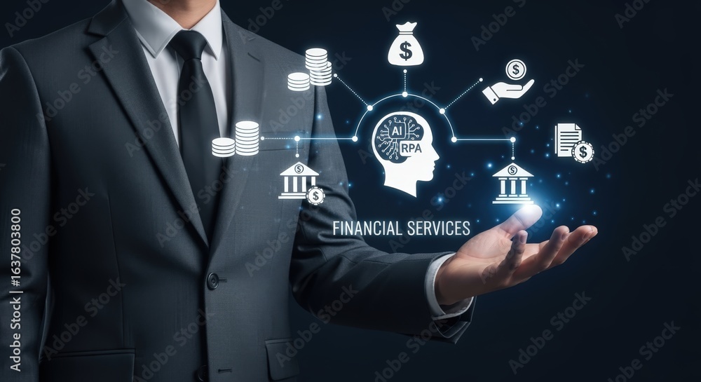 Obraz premium AI Financial Services Concept: Businessman Presenting Fintech Solutions and Digital Banking Innovation for Investments