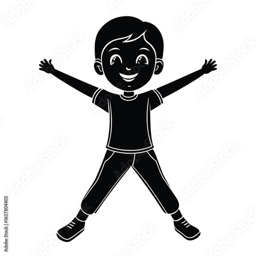 Joyful Black and White Silhouette of a Happy Boy Jumping, Arms Outstretched,  Illustrative Vector Graphic for Children's Products,  Educational Materials, and Positive Lifestyle Designs.