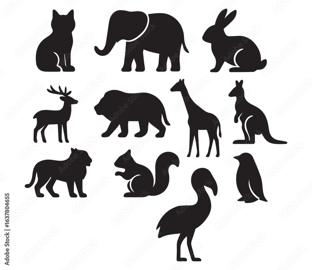 Fototapeta premium Wild Animal Silhouette Icon Set – Jungle, Safari, Zoo Vector Illustrations