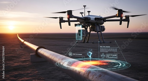Drone Inspecting Pipeline with AI Analysis at Sunset, Technology and Infrastructure