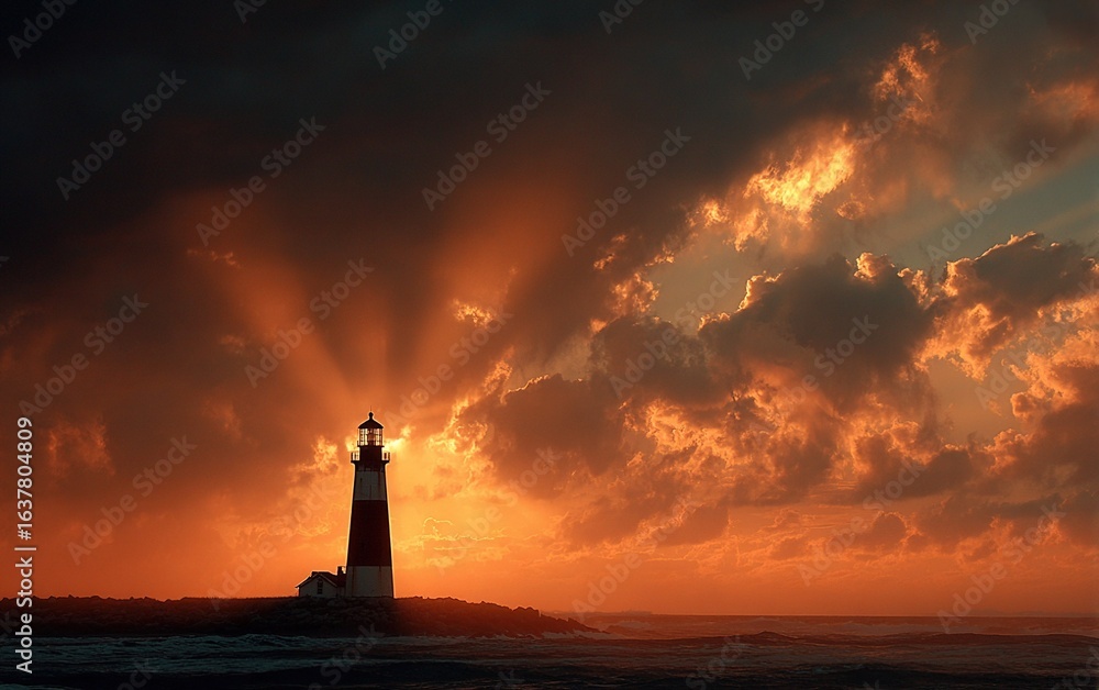 Fototapeta premium Lighthouse outline against stormy sunset with dramatic clouds. Adventure story illustration concept.