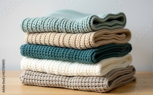Stack of Soft Knitted Textiles in Cream Beige and Teal. High quality