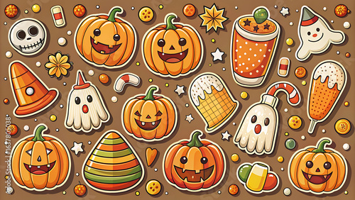 Retro halloween sticker collection with pumpkins ghosts bats and spooky icons
