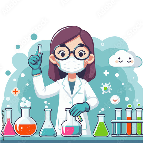 Female scientist in lab coat holding test tube with beakers and flasks on the table in laboratory