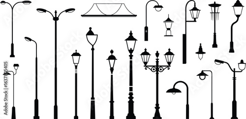 Collection of street lamp and streetlight silhouettes in various styles, a set of outdoor lighting vector illustrations for urban and landscape design elements.