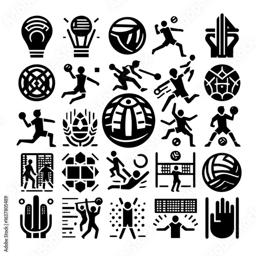 Collection of various handball game icons showcasing players balls and game equipment in black and white style