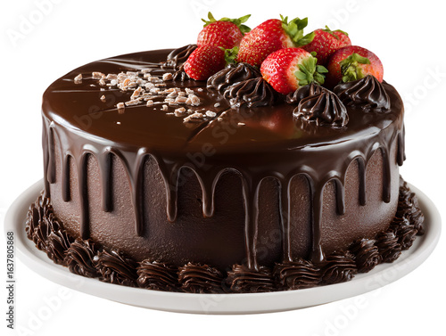 Wallpaper Mural Chocolate Strawberry Dream Cake: A close-up shot showcases a decadent chocolate cake, elegantly adorned with fresh strawberries and chocolate swirls, epitomizing pure indulgence. Torontodigital.ca