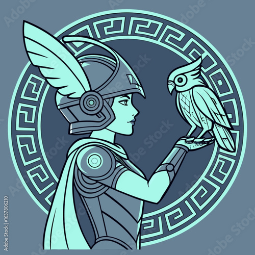 Minimilist illustration of a woman in armor with an owl perched on her hand inside a decorative circle vector