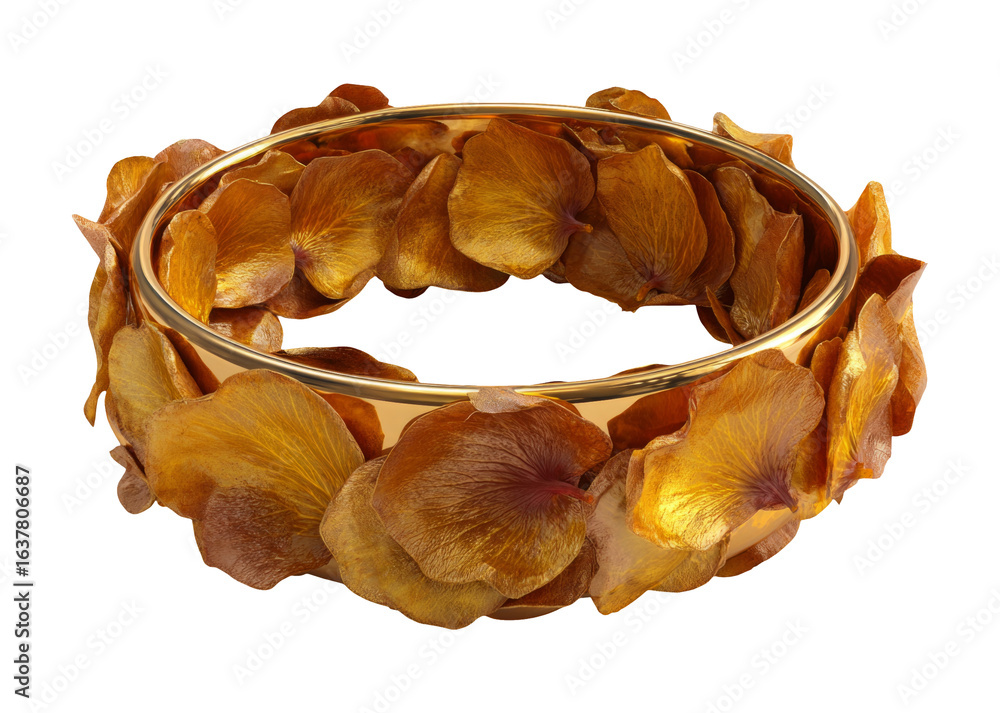 Fototapeta premium Top View of Rose Petal Ring Arranged in Golden Color on Transparent Background