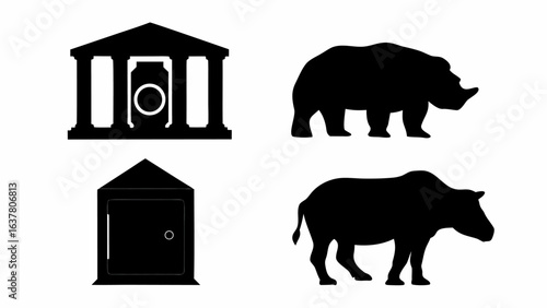 Illustration showing a bank building, a safe, and two rhinoceroses in black silhouette on a white background