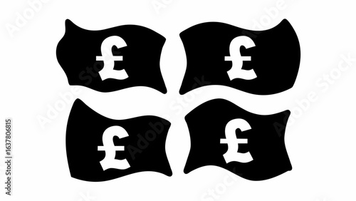 Four stylized black pound sterling symbols arranged in a square formation on white background