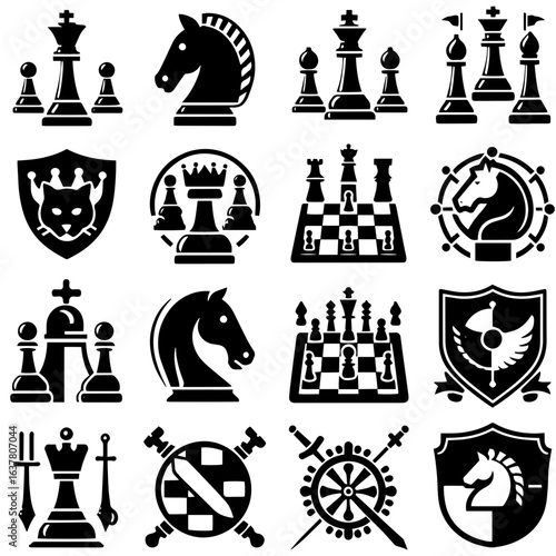 Collection of various black chess pieces and heraldic emblems in a vector format design set