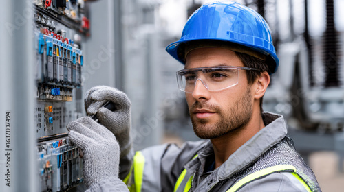 Focused electrical engineer wearing blue hard hat and safety glasses works electrical equipment, showcasing professionalism