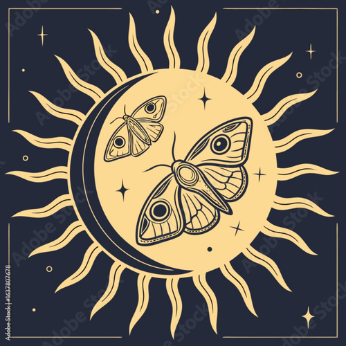 Minimilist illustration of two moths with eye spots on wings against a sun and moon background in a dark frame vector