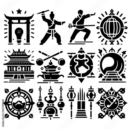 Collection of asian themed icons featuring martial arts temples and decorative elements design