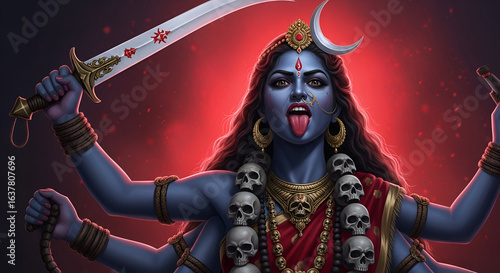 Kali with extended tongue and weapons in red background digital illustration