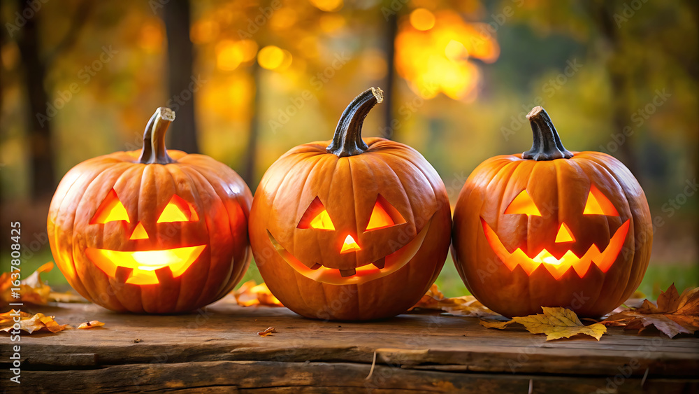 Fototapeta premium Three halloween jack o lantern pumpkins on rustic wooden table
