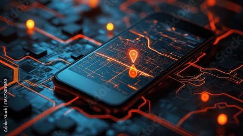 Smartphone on Circuit Board with Location Pin Graphic for Technology and Navigation Concepts in Urban Environment