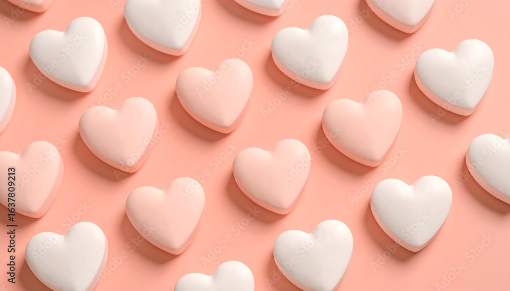 Obraz premium Heartshaped candy arranged on pink background.